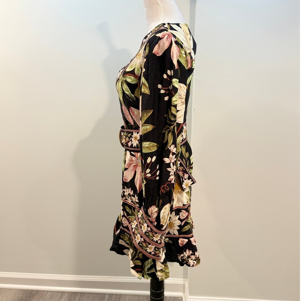NEW Farm Rio Surreal Flowers Black Long Sleeve Mini Dress Belted Ruffle Hem XS - Picture 2 of 9